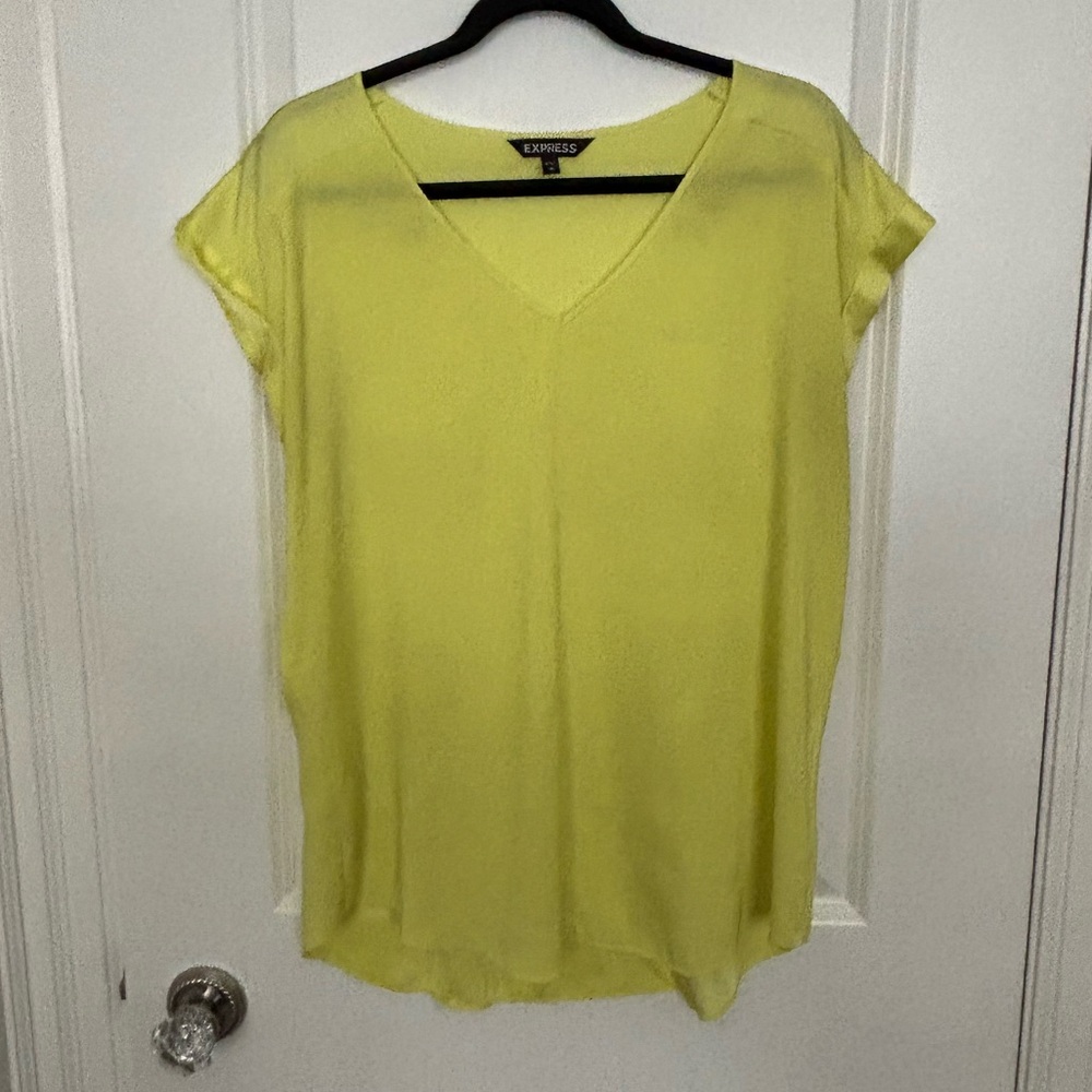 Express Women's Silk Neon Yellow V-Neck Top - Sz. L